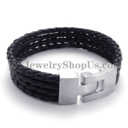Bracelet Élégant En Cuir Noir Et Titane