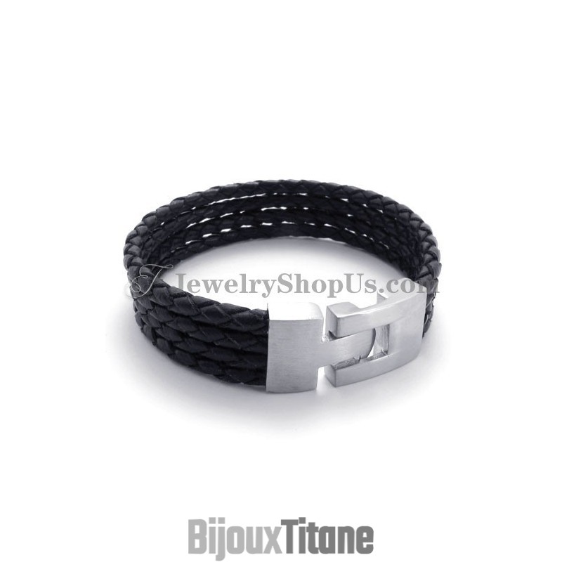 Bracelet Élégant En Cuir Noir Et Titane Bracelet Élégant En Cuir Noir Et Titane