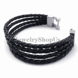 Bracelet Élégant En Cuir Noir Et Titane