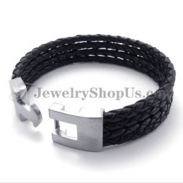 Bracelet Élégant En Cuir Noir Et Titane
