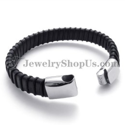 Superbe Bracelet En Titane Noir Avec Cuir