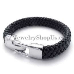 Superbe Bracelet En Titane Noir Et Cuir