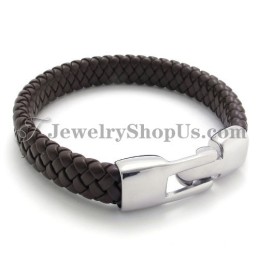 Bracelet Élégant En Titane Et Cuir Marron