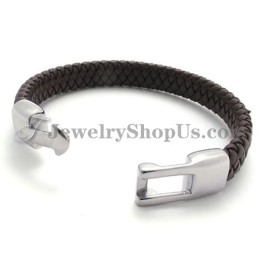 Bracelet Élégant En Titane Et Cuir Marron