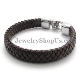 Bracelet Élégant En Titane Et Cuir Marron