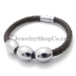 Bracelet Tendance En Cuir Marron Et Titane