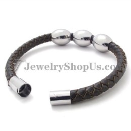 Bracelet Tendance En Cuir Marron Et Titane