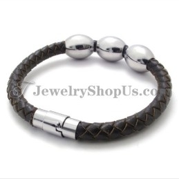 Bracelet Tendance En Cuir Marron Et Titane