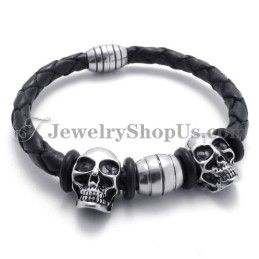 Bracelet Élégant En Cuir Avec Têtes De Mort En Titane