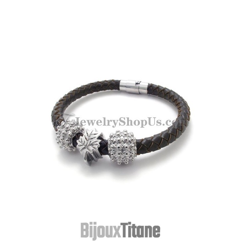 Bracelet En Titane Et Cuir Marron