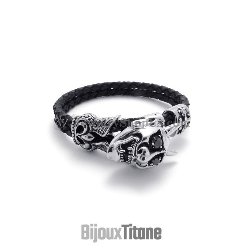 Bracelet Tendance En Cuir Noir Avec Titane