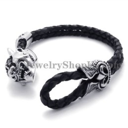 Bracelet Tendance En Cuir Noir Avec Titane